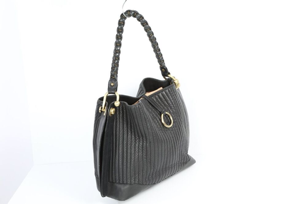 BCBGMaxAzria Black Vertical Quilted Leather Tote Shoulder Handbag Womens